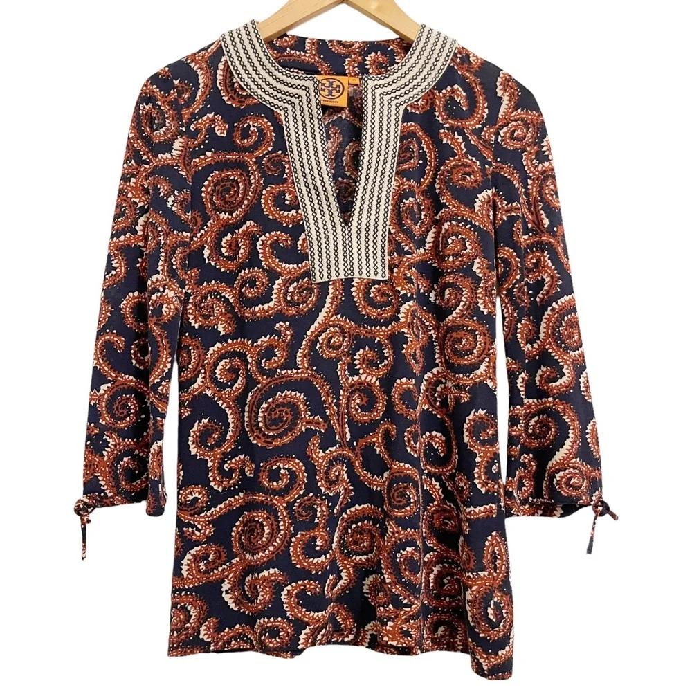 Tory Burch Silk Paisley Print Mandarin Collar Tunic Top XS
